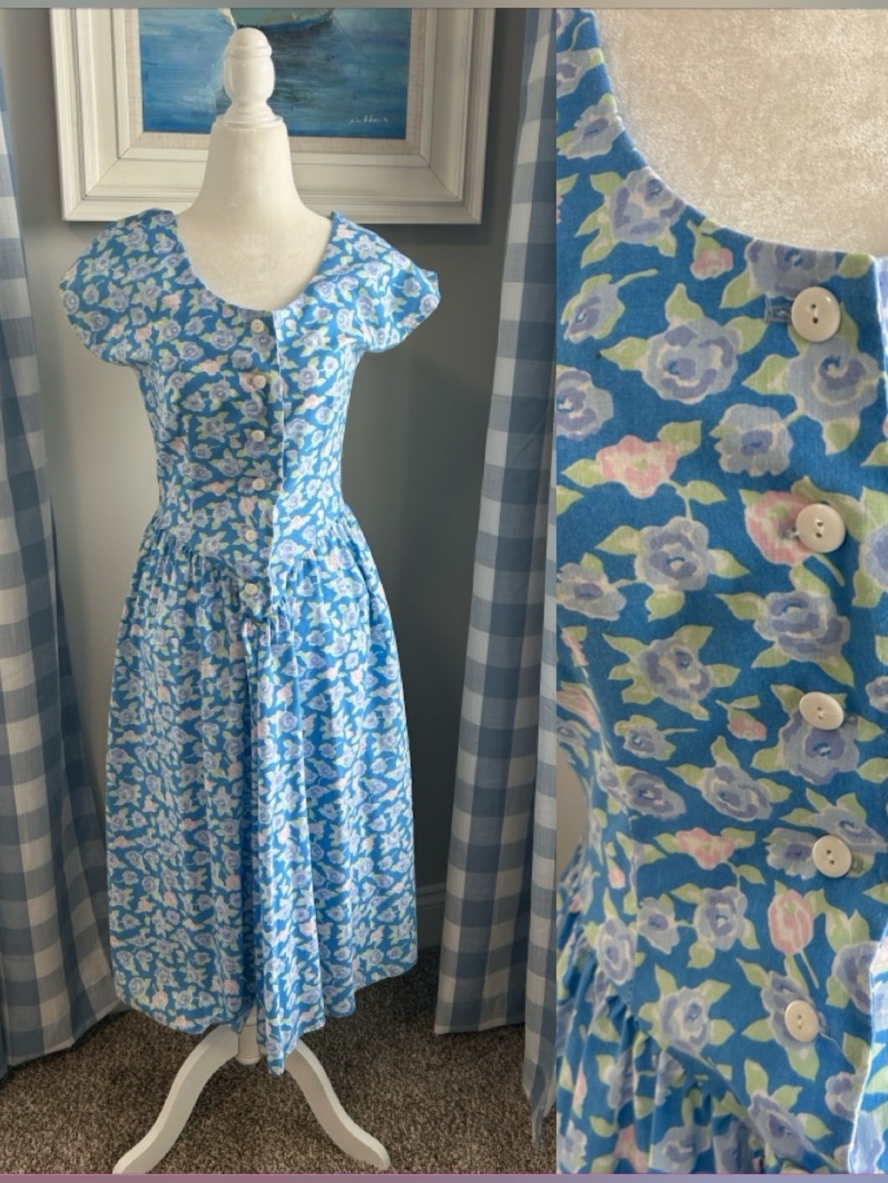 Vintage Bedford Fair 80s Blue Floral Cap-Sleeve Midi Dress